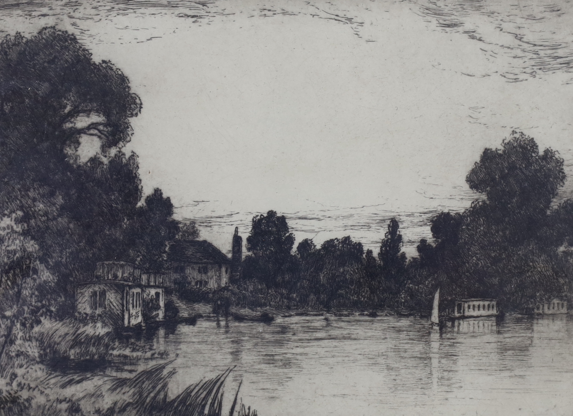 Three drypoint etchings, John Fullwood, 'Laleham-on-Thames', 14 x 18.5cm, and Loch Gates, dated 1923, 20 x 35cm and Harlech Castle by other hands, ...? 24 x 26cm